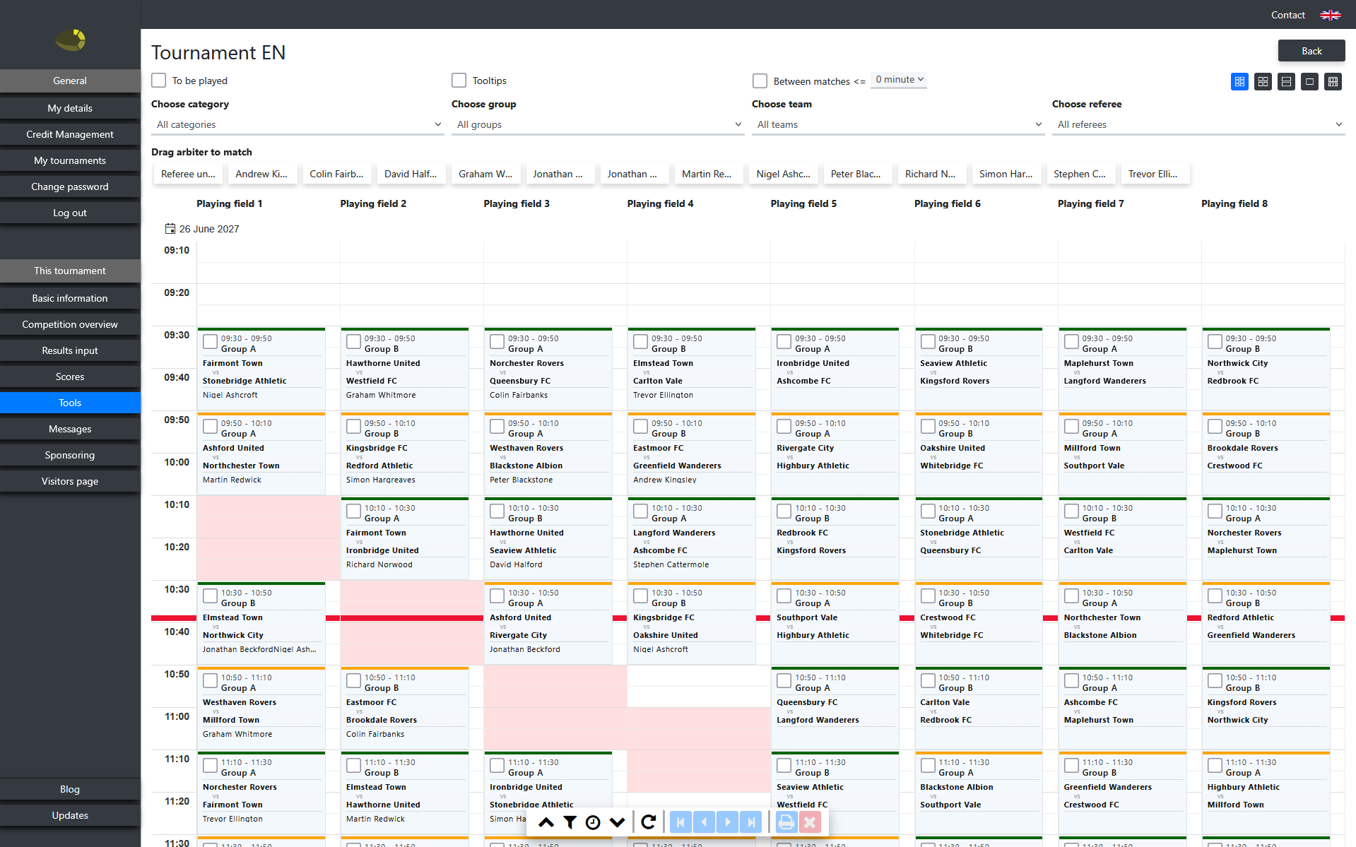 mytournament.info match planning with multiple fields and referees