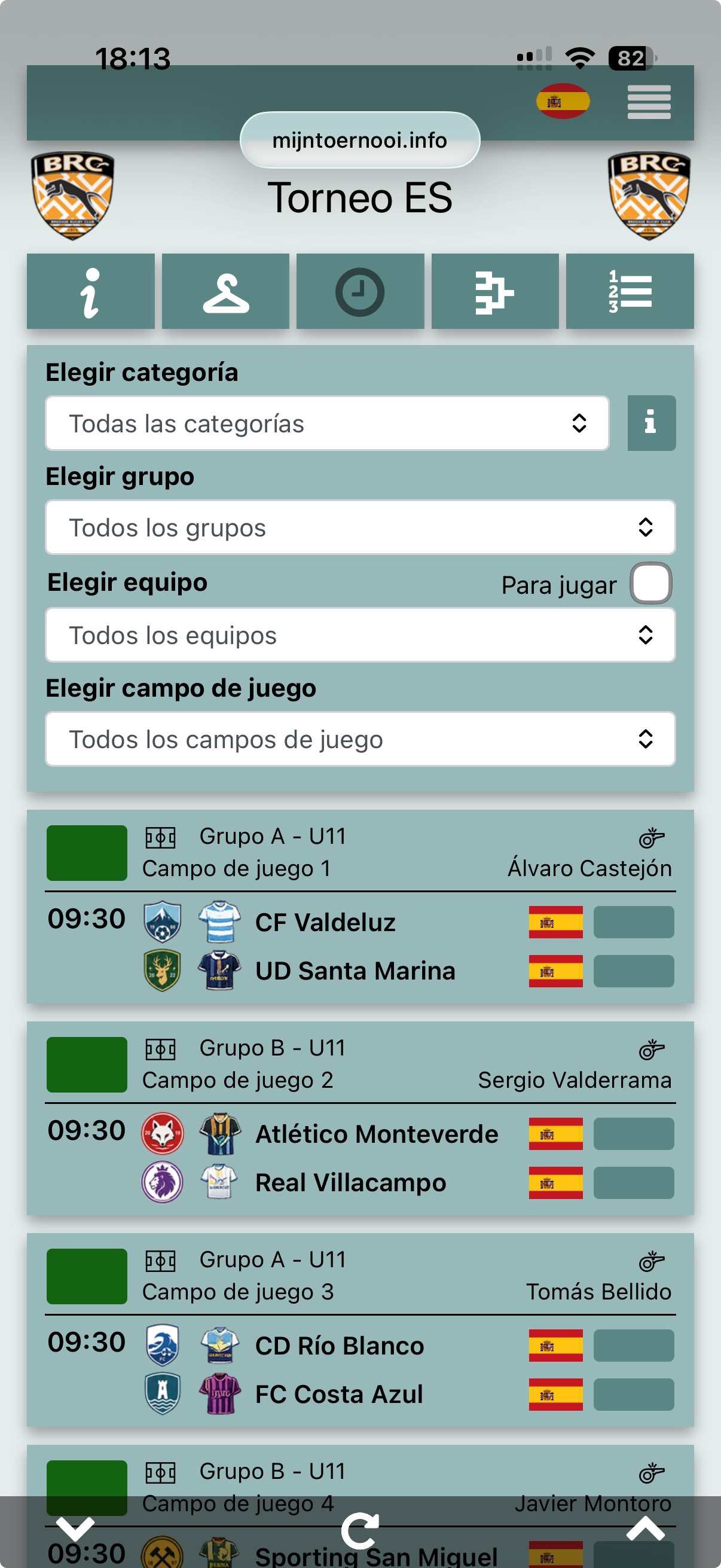 Página móvil para visitantes con partidos y filtros
