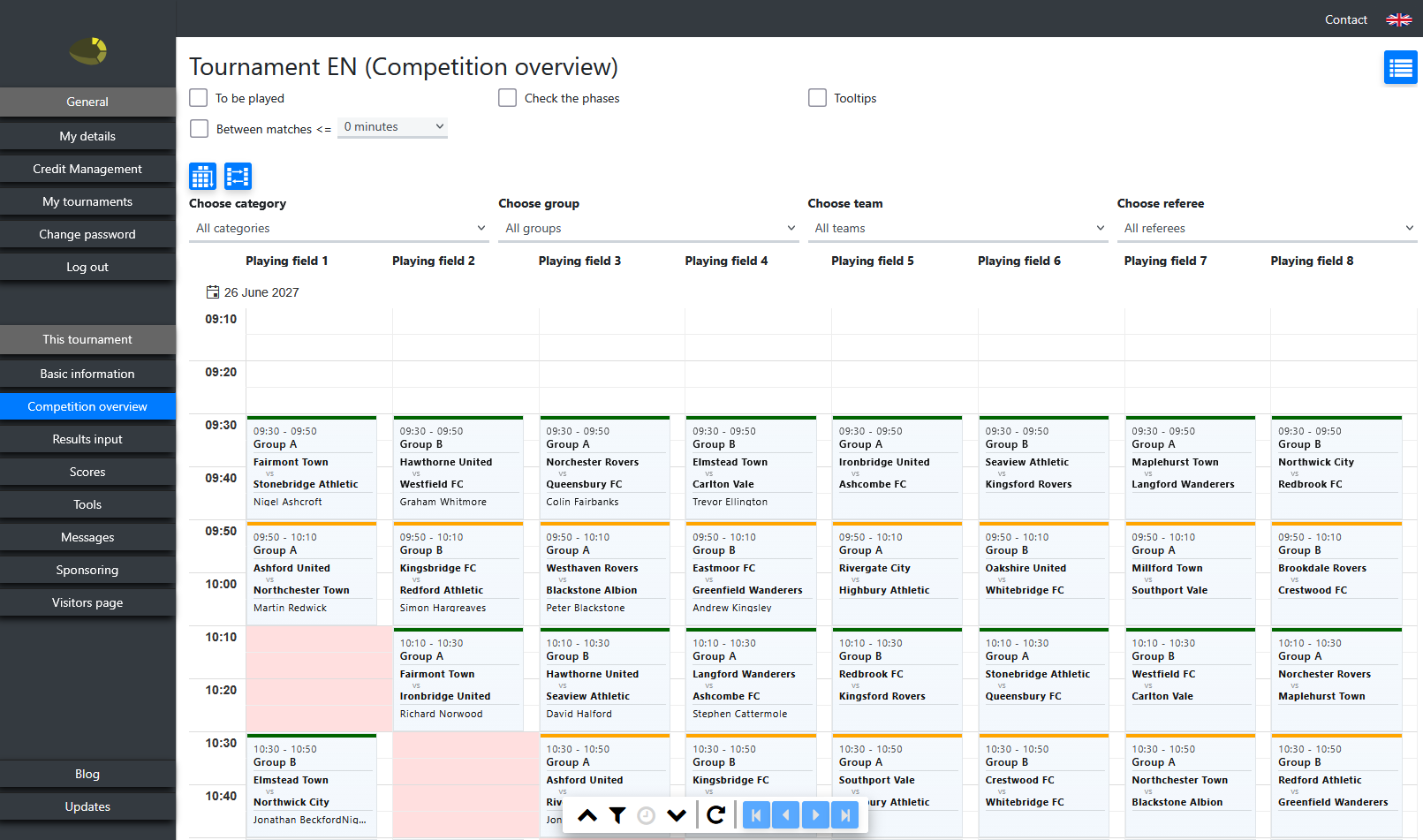 Match overview per day and field