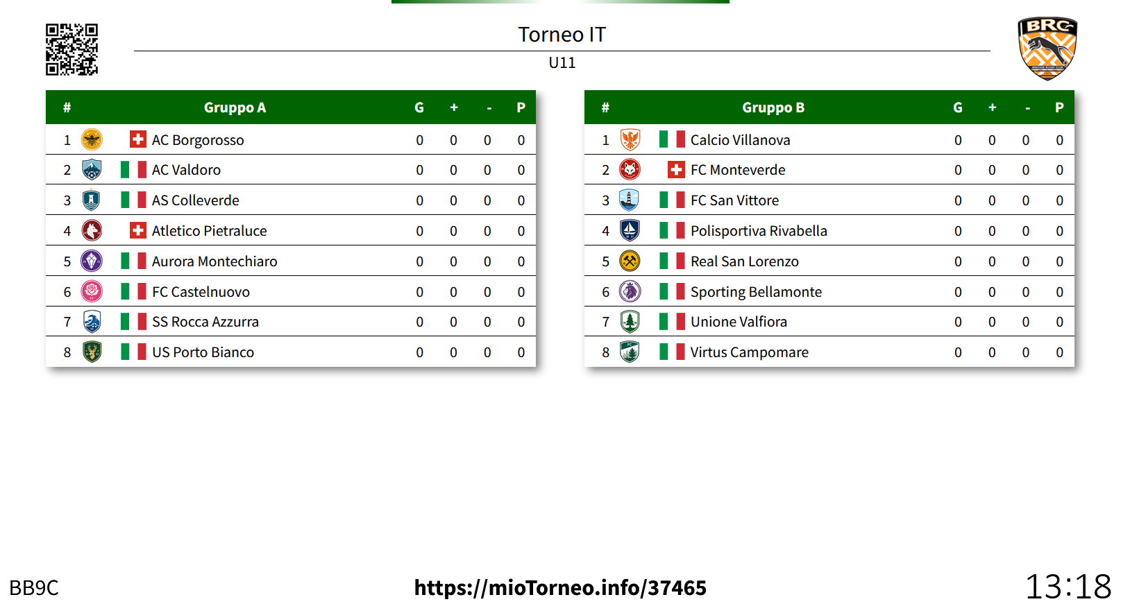 Schermo di presentazione con partite e classifiche